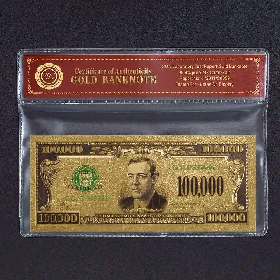 USA $100,000 24K Gold Clad Banknote: Unites States of America 100,000 Dollars 24K Gold Clad Banknote. Unique design. Non-currency banknote.