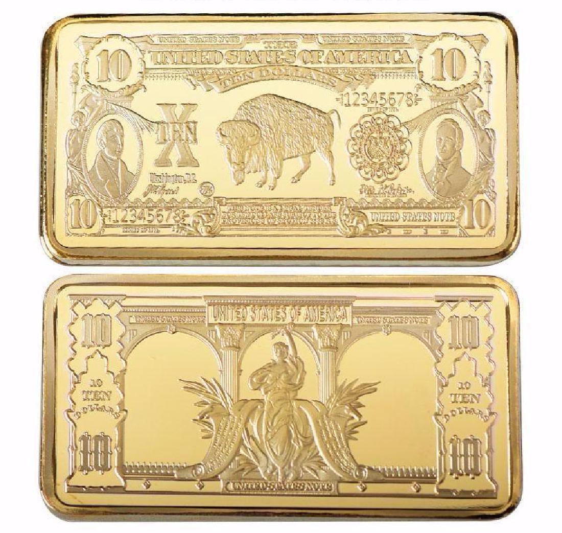 USA Buffalo $10 24K Gold Clad Bullion Bar: Unites States of America 10 Dollars 24K Gold Clad Bullion Bar. Unique design. Non-currency bar. Size: 5cmx2.8cm. Weight ? 32 grams.