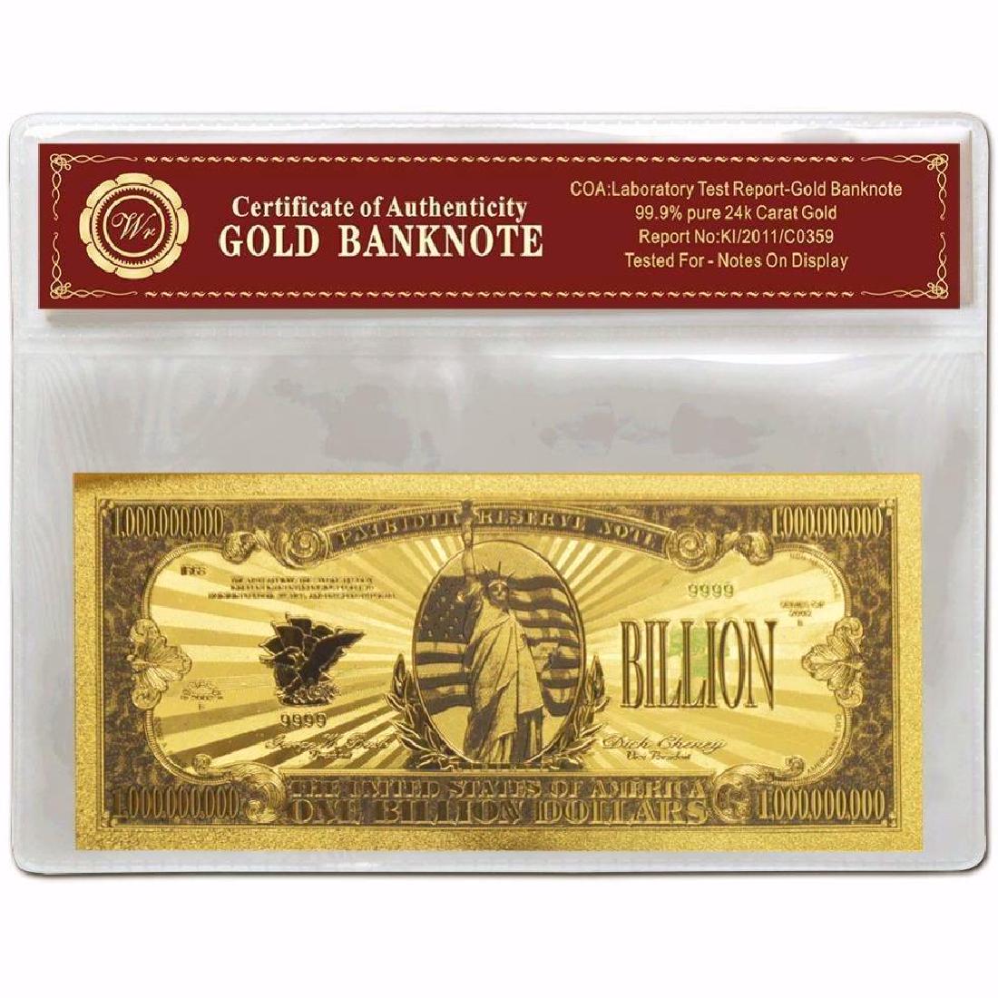 USA $1,000,000,000 24K Gold Clad Banknote: Unites States of America 1 Billion Dollars 24K Gold Clad Banknote. Unique design. Non-currency banknote.