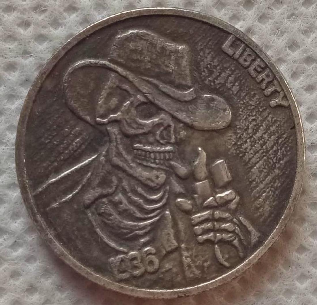 1936 USA Cowboy Skeleton Smoking Buffalo Coin: 1936 United States of America Cowboy Skeleton Smoking Buffalo Coin. Unique design. Non-currency coin. Size ? United States nickel.
