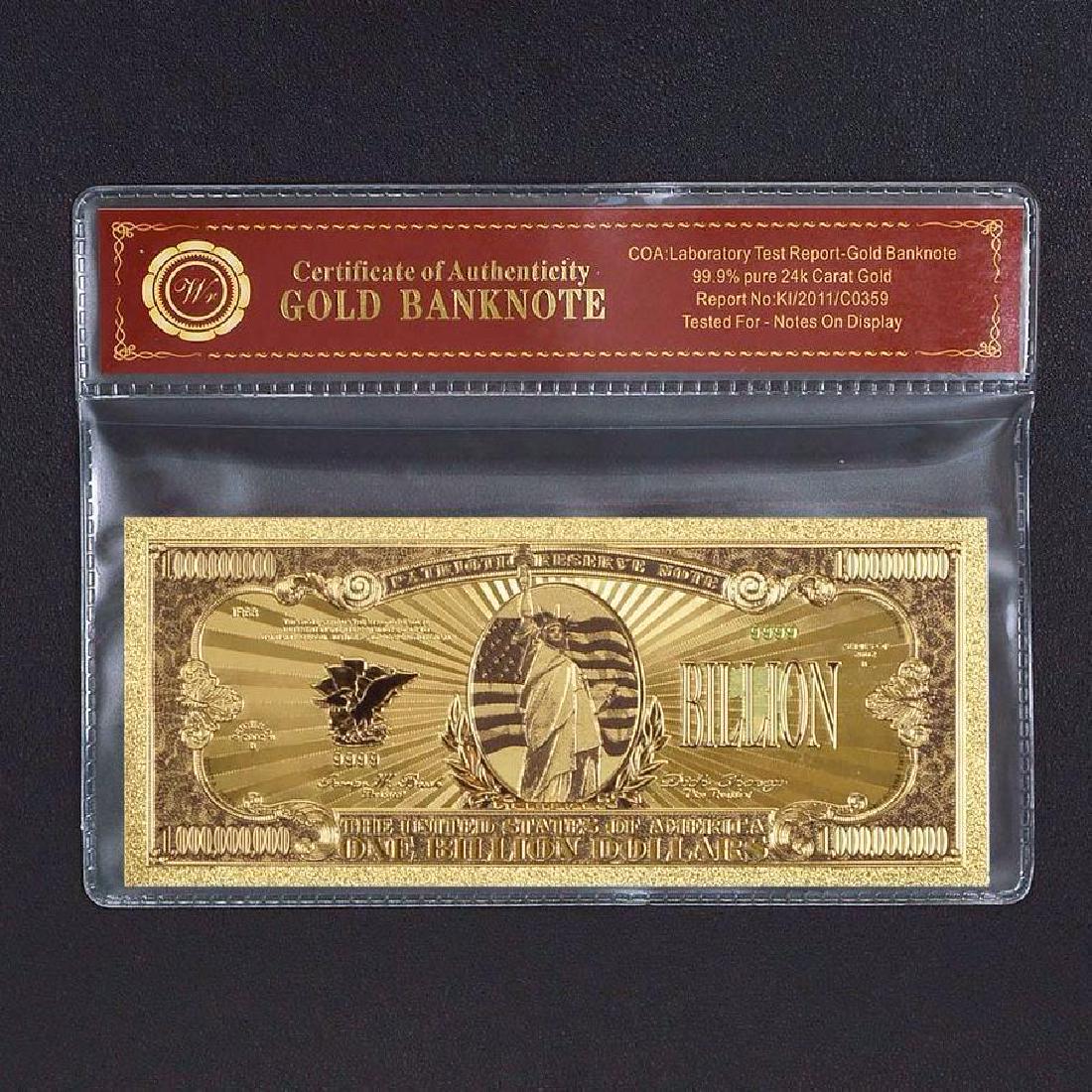 USA $1,000,000,000 Colored 24K Gold Clad Banknote: United States of America 1 Billion Dollars Colored 24K Gold Clad Banknote. Unique design. Non-currency banknote.