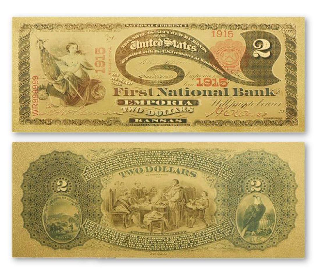 1915 USA $2 24K Gold Clad Banknote: 1915 Unites States of America 2 Dollars 24K Gold Clad Banknote. Unique design. Non-currency banknote.