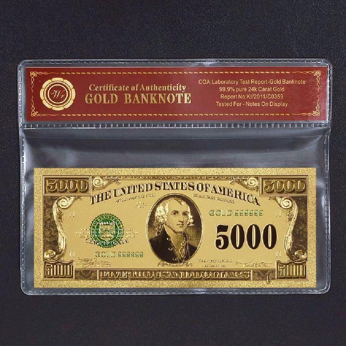 USA $5,000 24K Gold Clad Banknote: Unites States of America 5,000 Dollars 24K Gold Clad Banknote. Unique design. Non-currency banknote.