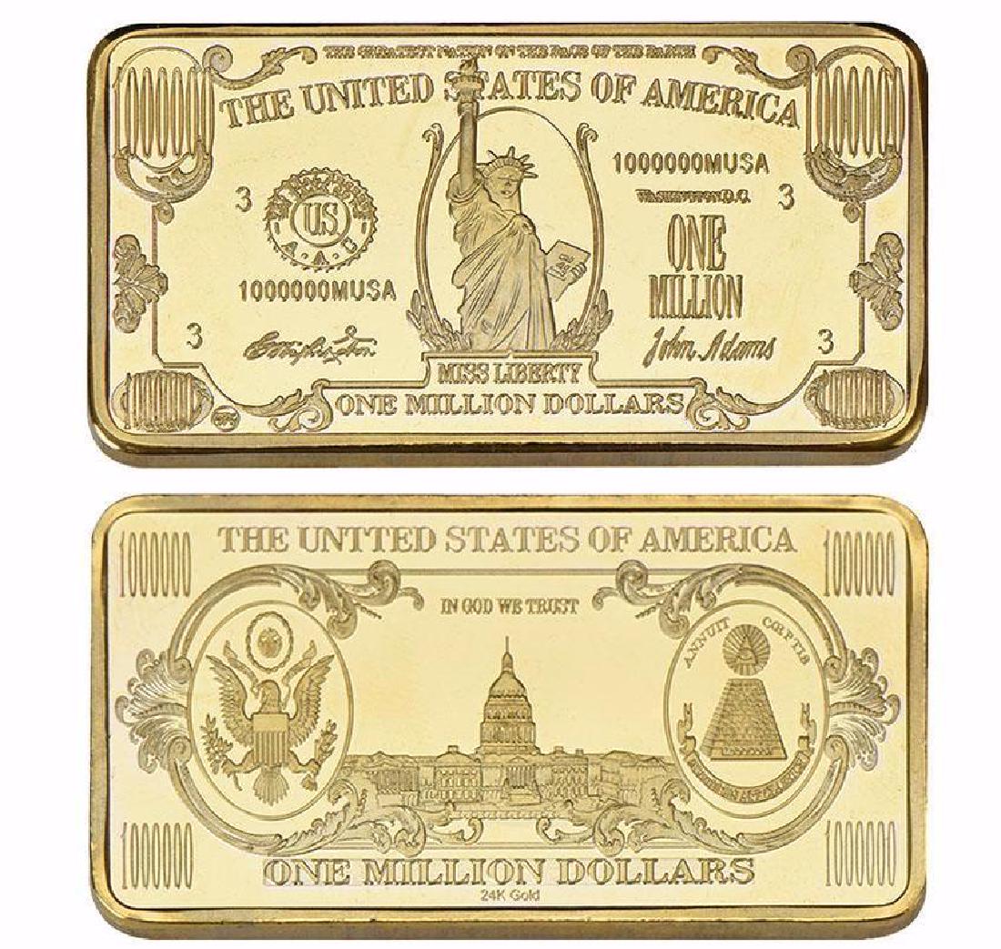 USA $1,000,000 24K Gold Clad Bullion Bar: Unites States of America One Million Dollars 24K Gold Clad Bullion Bar. Unique design. Non-currency bar. Size: 5cmx2.8cm. Weight ? 32 grams.