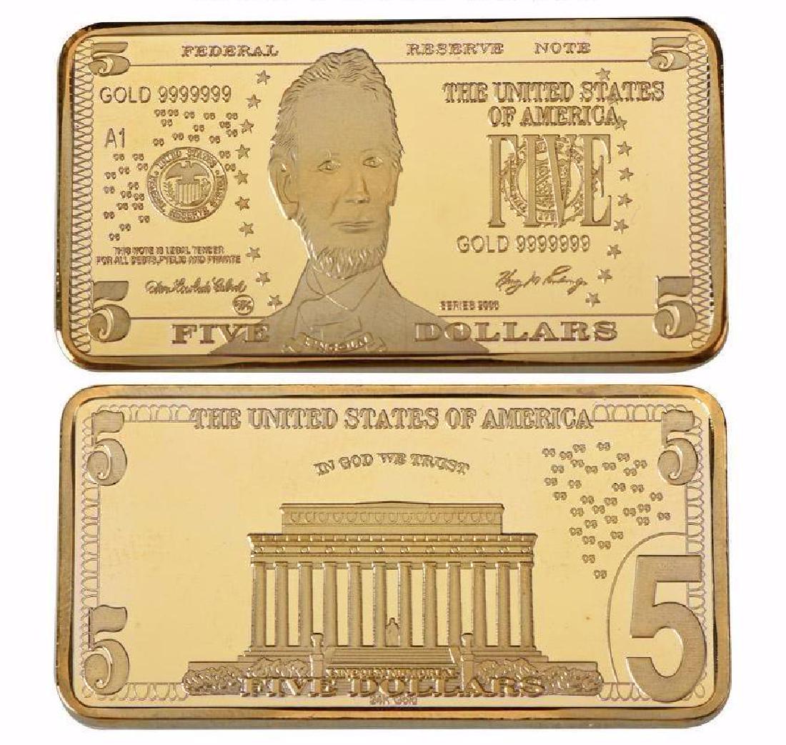 USA $5 24K Gold Clad Bullion Bar: Unites States of America 5 Dollars 24K Gold Clad Bullion Bar. Unique design. Non-currency bar. Size: 5cmx2.8cm. Weight ? 32 grams.