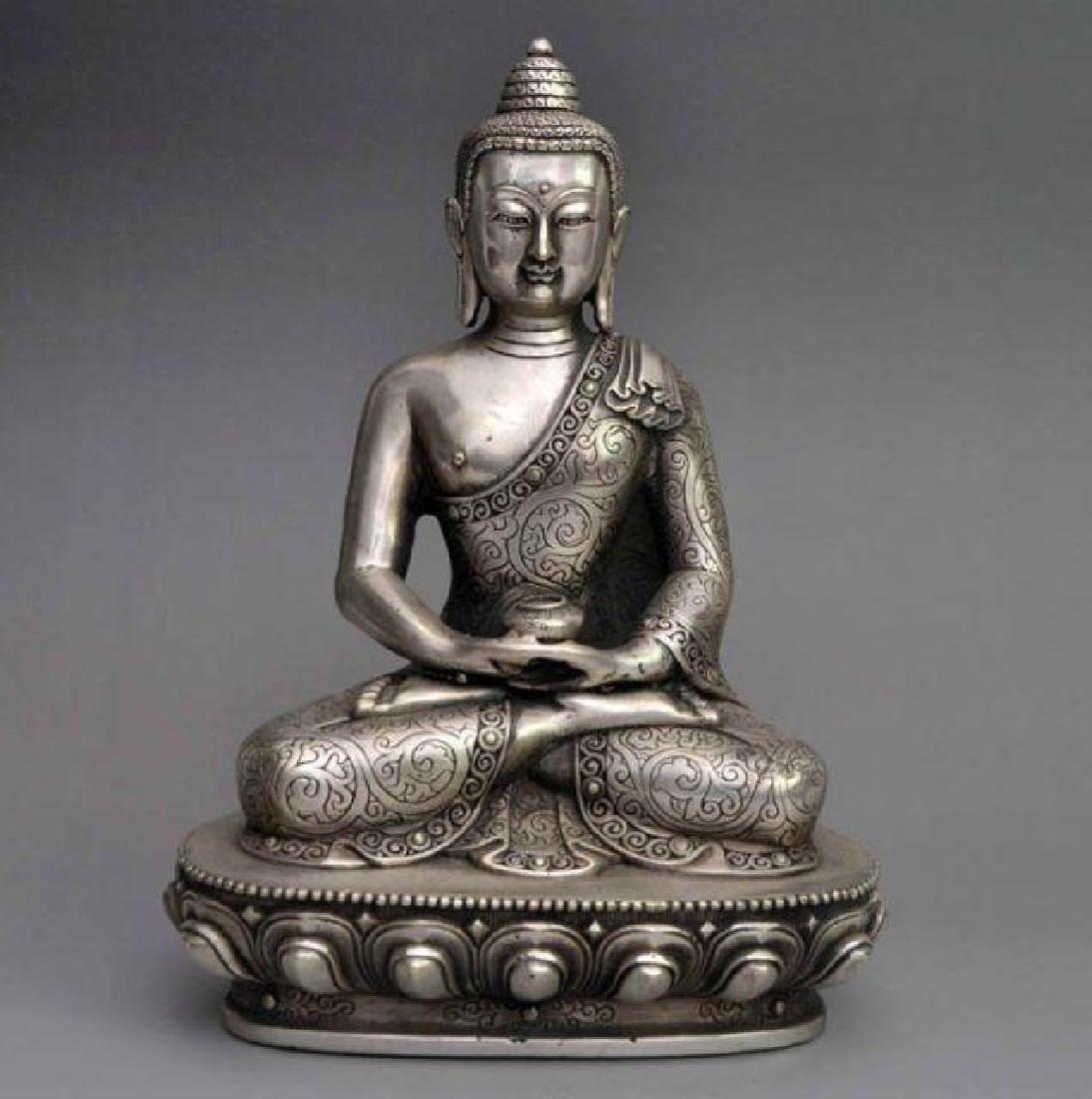 Tibetan Silver Shakyamuni Buddha Sitting Statue: Size: 170mm x 100mm x 235mm. Weight: around 975g