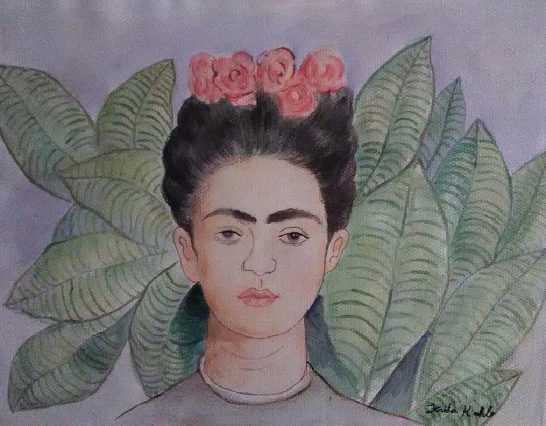 Watercolor On Paper Signed Frida Kahlo: Watercolor on paper in the manner of Frida Kahlo (1907-1954). 11 x 14 inches. Framed. Provenance: private collection.