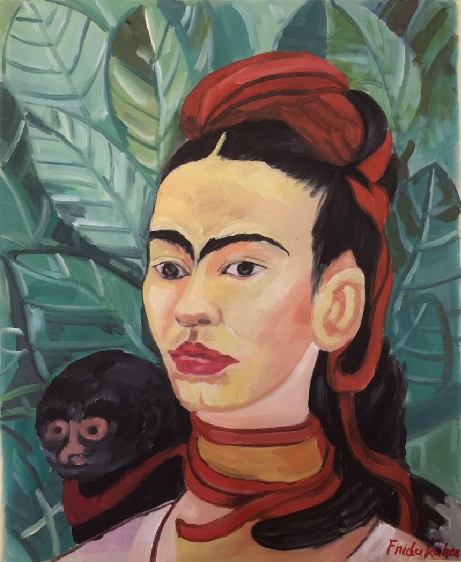 Oil On Paper Signed Frida Kahlo: Oil on paper in the manner of Frida Kahlo (1907-1954). 12 x 10 inches. Framed. Provenance: private collection.