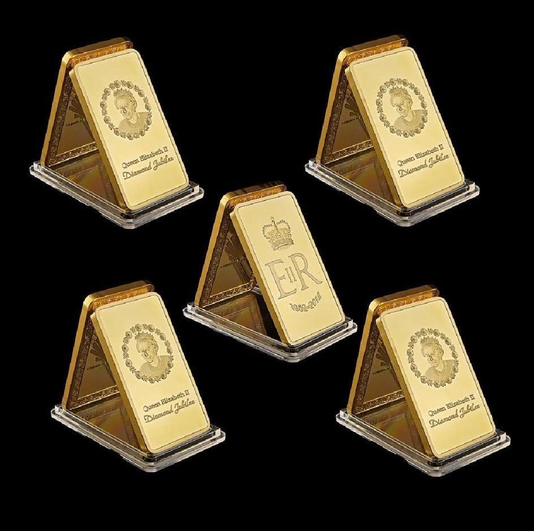 5 UK Queen Elizabeth II Gold Clad Bars: Size of each bar: 50mm x 28mm. Weight: about 28g