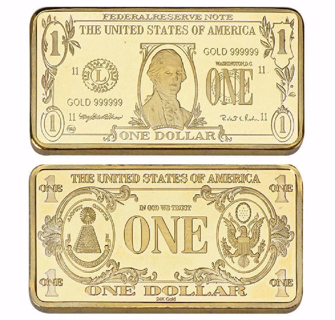 USA $1 24K Gold Clad Bar: Unites States of America One Dollar 24K Gold Clad Bar. Unique design. Non-currency bar. Size: 5cmx2.8cm. Weight ? 32 grams.