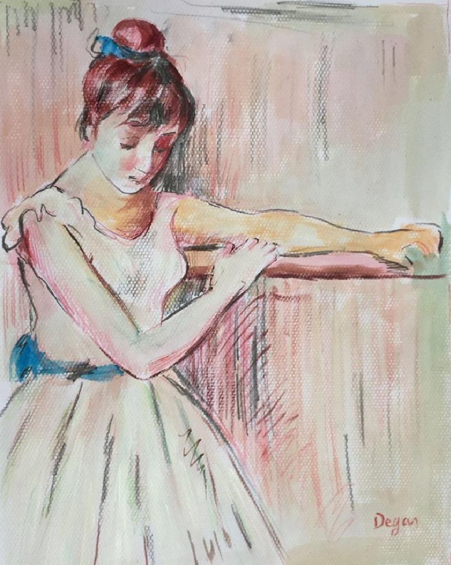 Mixed Media On Paper Signed Degas: Mixed media on paper in the manner of Edgar Degas (1834-1917). 13 1/2 x 10 1/2 inches. Framed. Provenance: private collection.