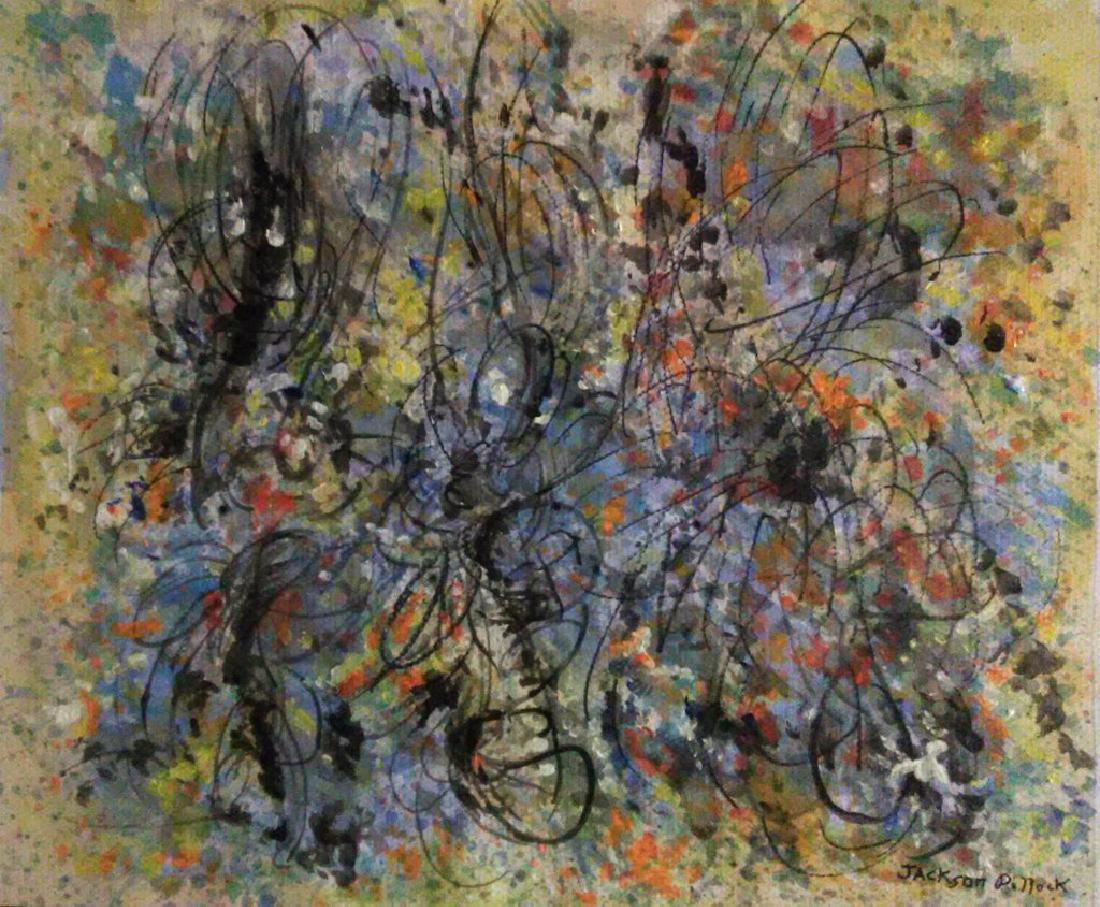 Mixed Media On Paper Signed Jackson Pollock: Mixed media on paper in the manner of Jackson Pollock (1912-1956). 12 x 14 inches. Framed. Provenance: private collection.