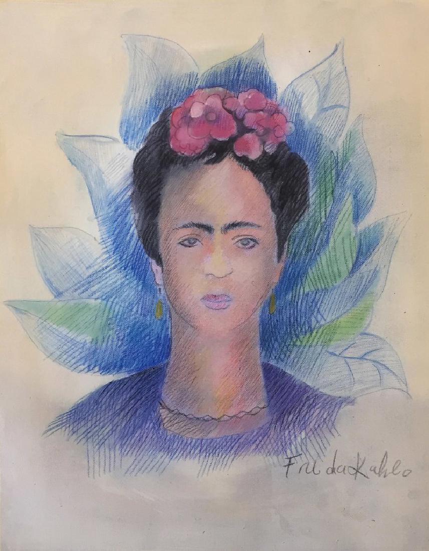 Color Pencil On Paper Signed Frida Kahlo: Color Pencil on paper in the manner of Frida Kahlo (1907-1954). 10 x 8 inches. Framed. Provenance: private collection.