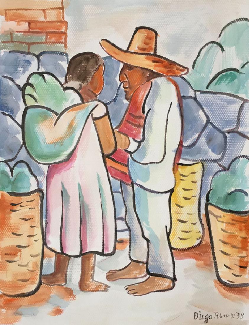 Watercolor On Paper Signed Diego Rivera: Watercolor on paper in the manner of Diego Rivera (1886-1957). 14 x 10 3/4 inches. Framed. Provenance: private collection.