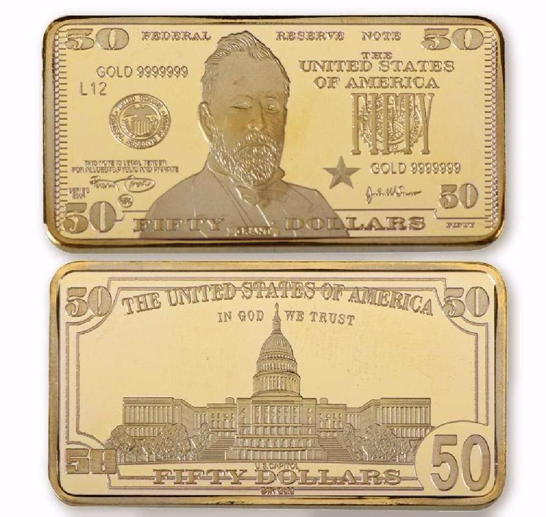 USA $50 24K Gold Clad Bar: Unites States of America 50 Dollars 24K Gold Clad Bar. Unique design. Non-currency bar. Size: 5cmx2.8cm. Weight ? 32 grams.