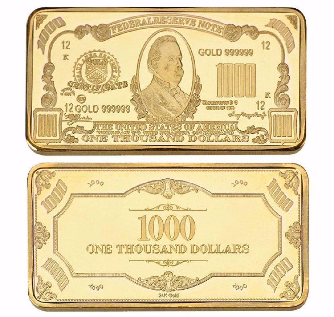 USA $1,000 24K Gold Clad Bar: Unites States of America 1,000 Dollars 24K Gold Clad Bar. Unique design. Non-currency bar. Size: 5cmx2.8cm. Weight ? 32 grams.