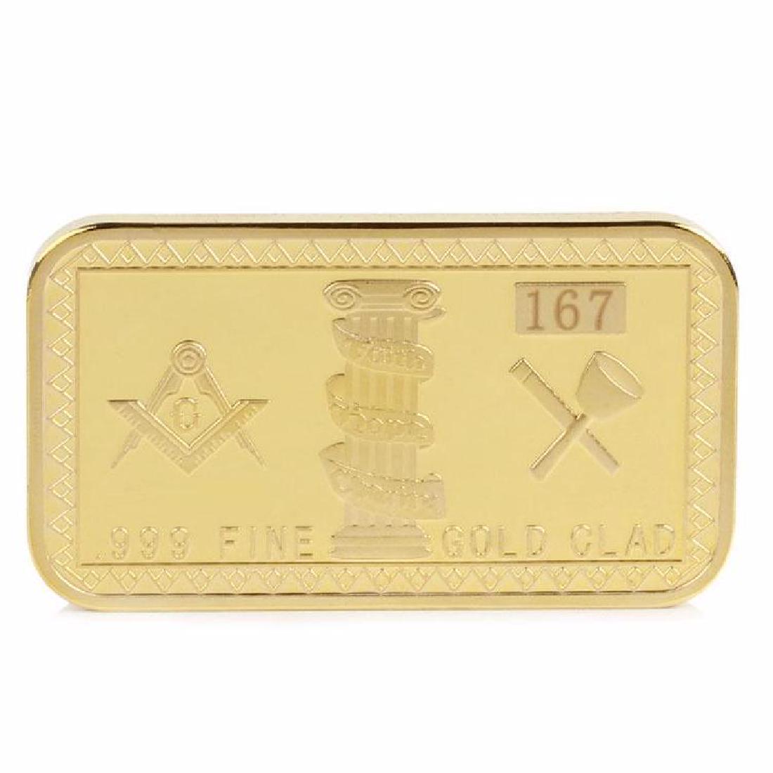 Masonic Symbolism Gold Clad Bar: Masonic Symbolism Gold Clad Bar. Size: 4.9cm x 2.7cm x 3mm.