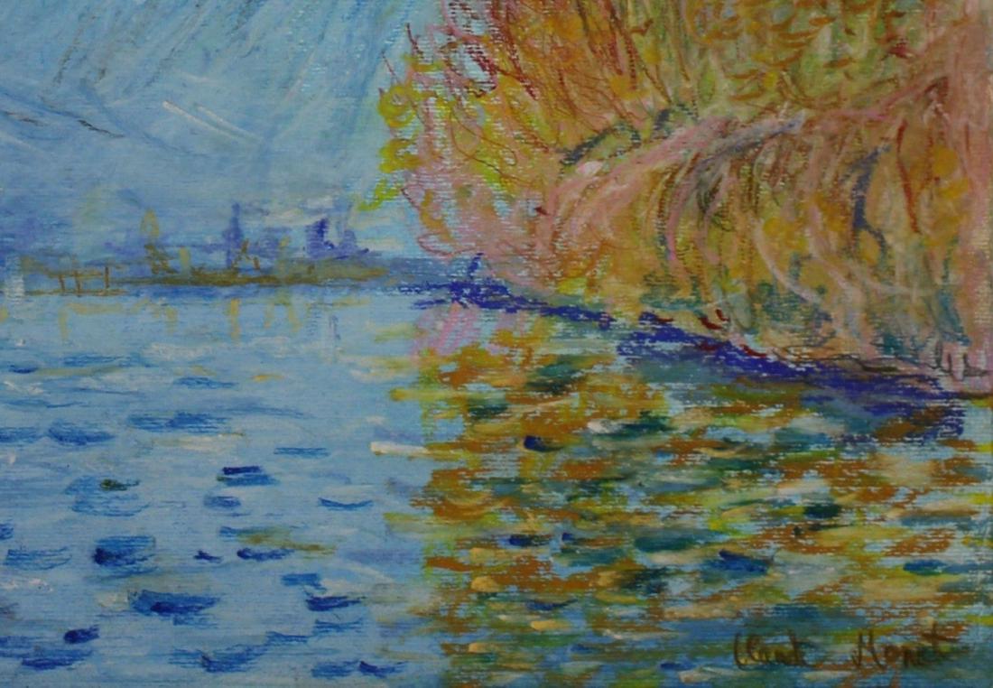 Lake Signed Claude Monet: Media on paper in the manner of Claude Monet (1840-1926), signed lower right, 9 x 13 inches, unframed.