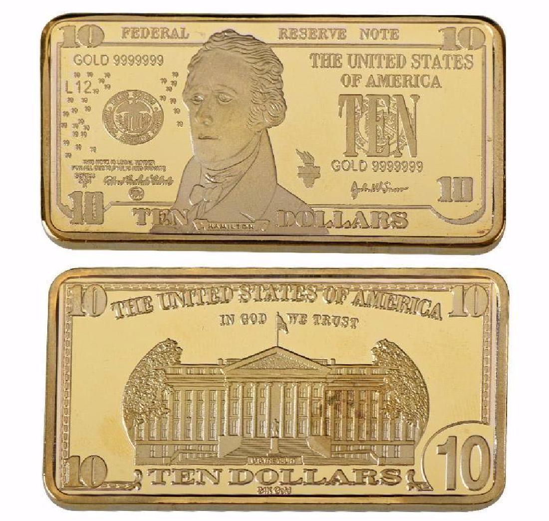 USA $10 24K Gold Clad Bar: Unites States of America 10 Dollars 24K Gold Clad Bar. Unique design. Non-currency bar. Size: 5cmx2.8cm. Weight ? 32 grams.