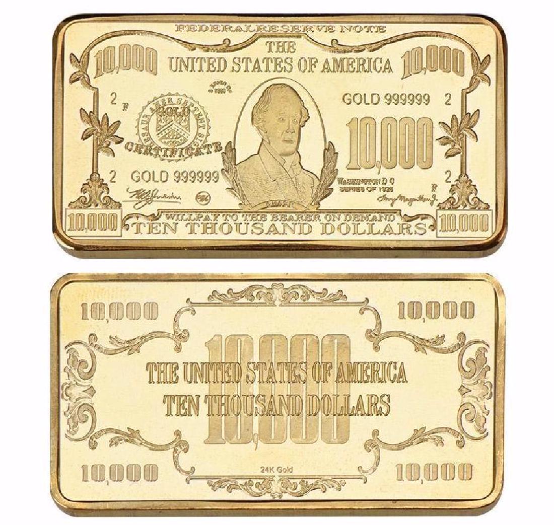 USA $10,000 24K Gold Clad Bar: Unites States of America 10,000 Dollars 24K Gold Clad Bar. Unique design. Non-currency bar. Size: 5cmx2.8cm. Weight ? 32 grams.
