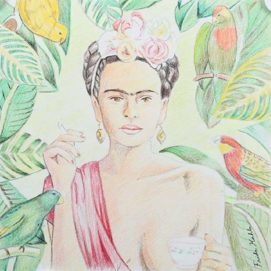 Self Portrait #1 Signed Frida Kahlo: Frida Kahlo (1907-1954), in the manner of: on paper, 10 x 10 inches, framed.
