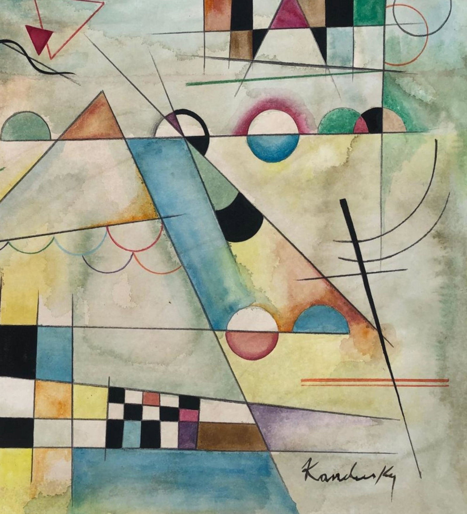 Abstract #1 Signed Kandinsky: Wassily Kandinsky (1866-1944), in the manner of: mixed media on paper, 11 x 10 inches, framed.