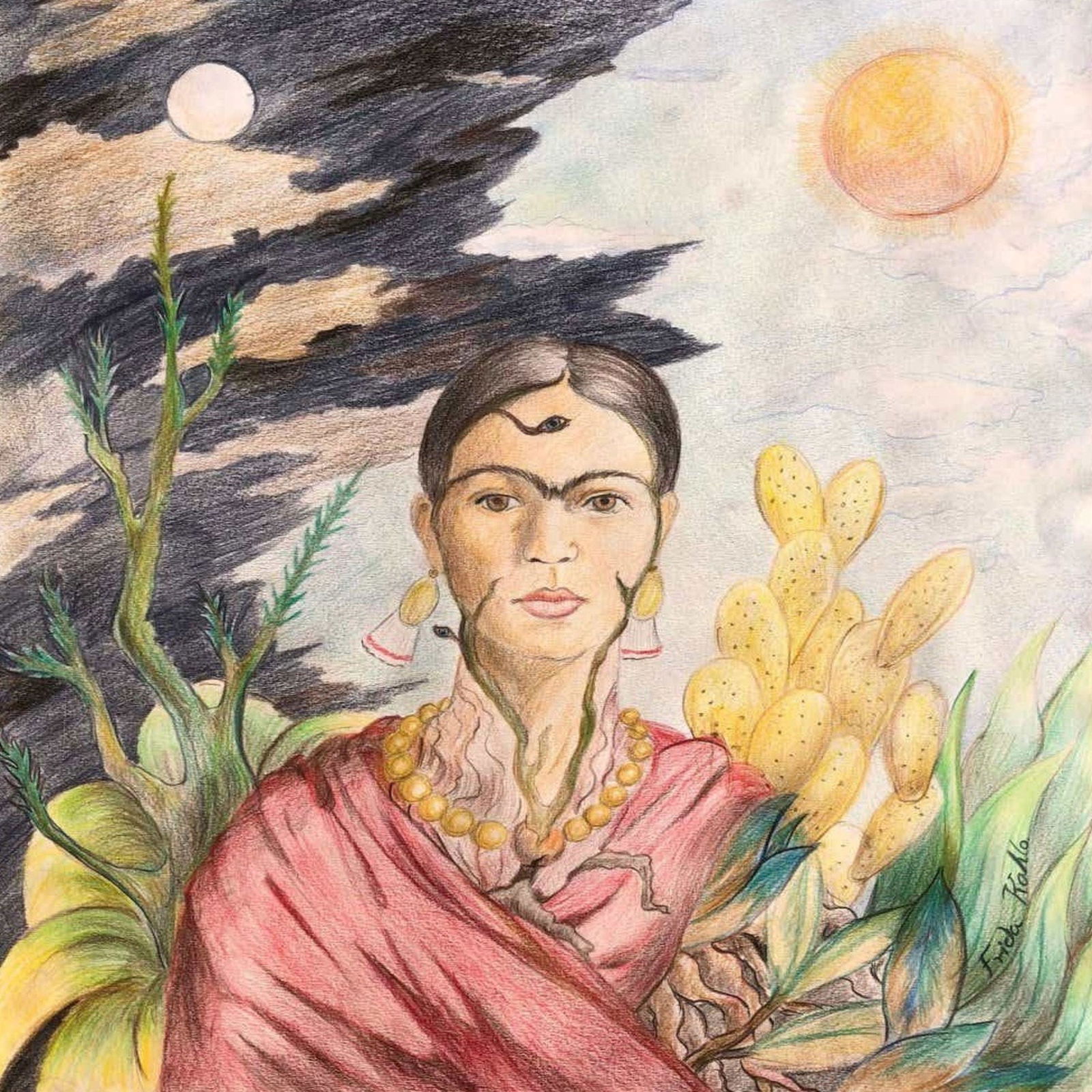 Self Portrait #2 Signed Frida Kahlo: Frida Kahlo (1907-1954), in the manner of: on paper, 10 x 10 inches, framed.