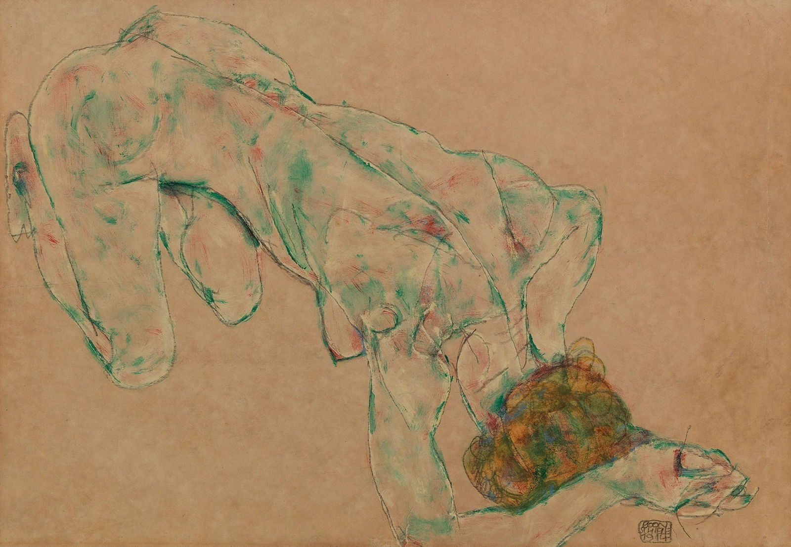 Female Nude Signed Egon Schiele: Egon Schiele (1890-1918), in the manner of: on paper, 9 x 13 inches, framed.