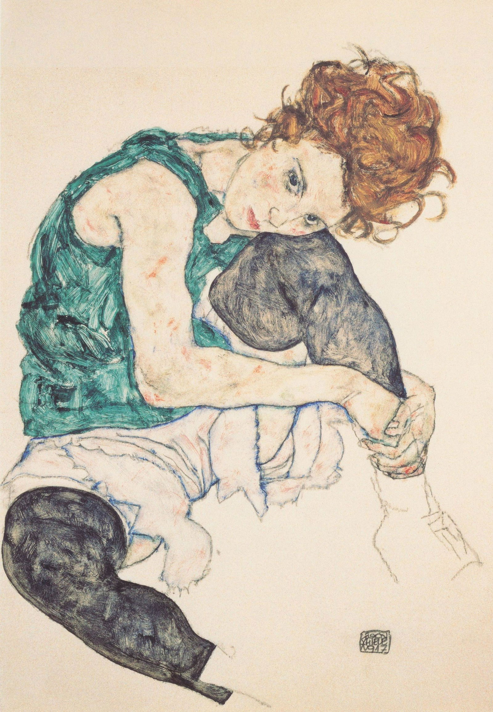 Woman Sitting Signed Egon Schiele: Egon Schiele (1890-1918), in the manner of: on paper, 13 x 9 inches, framed.