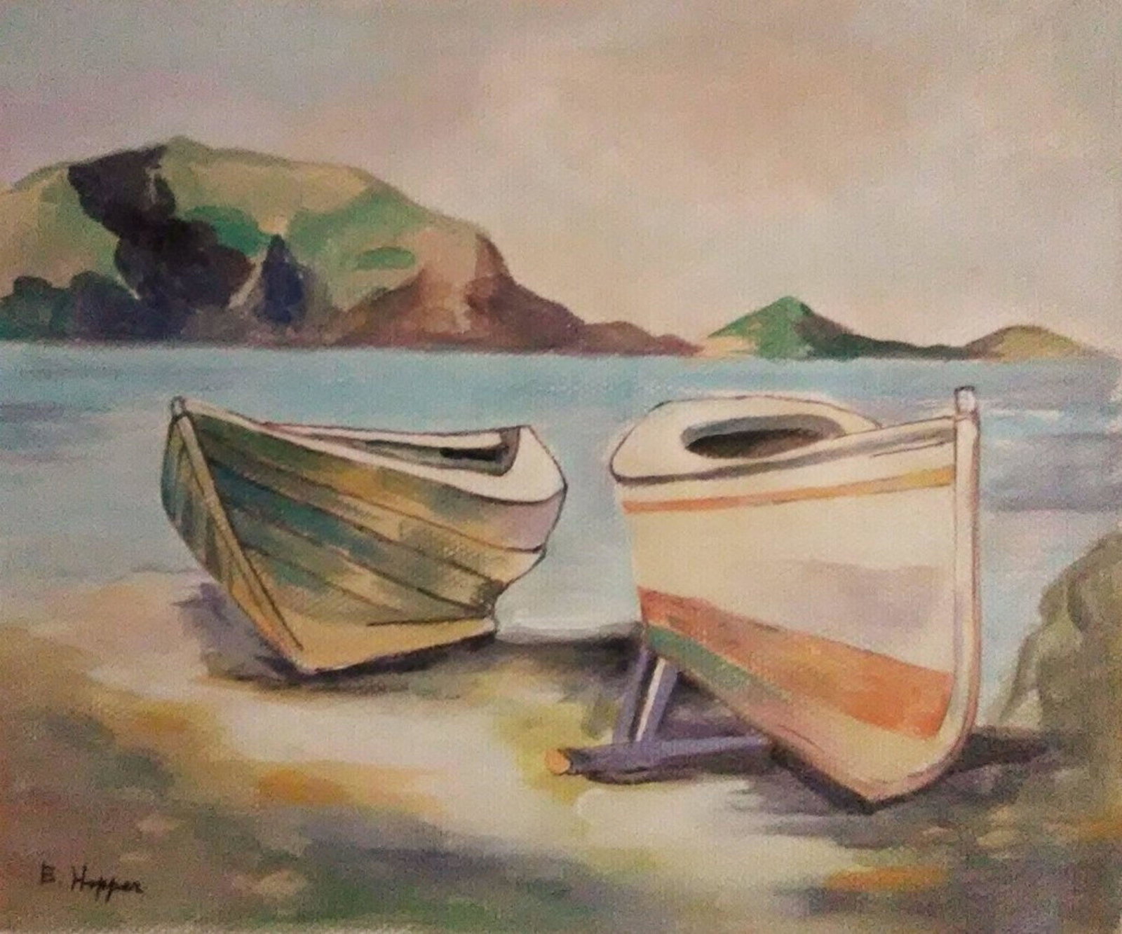 Two Boats Signed E. Hopper: Edward Hopper (1882-1967), in the manner of: on paper, 10 x 12 inches, framed.