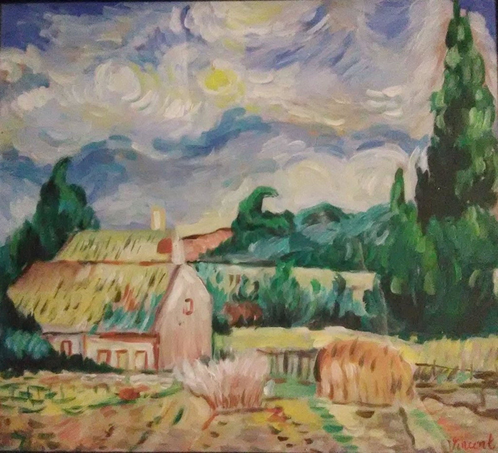 Farm Signed Vincent: Vincent van Gogh (1853-1890), in the manner of: on paper, 10 x 11 inches, framed.