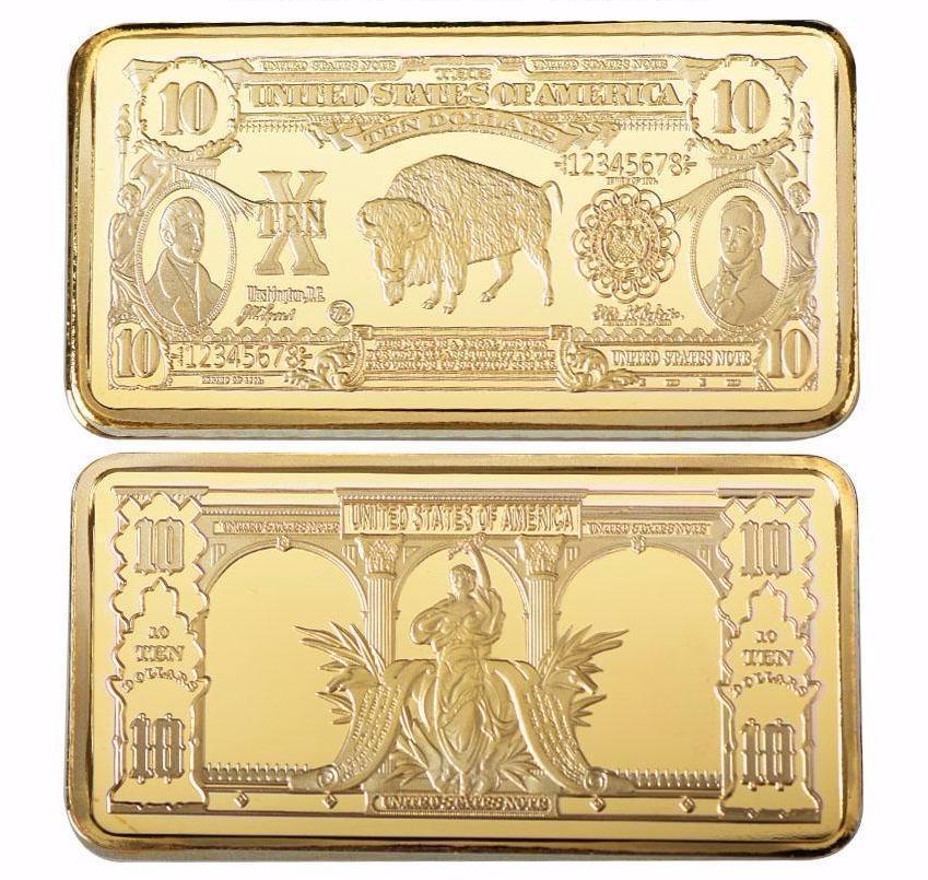 USA Buffalo $10 24K Gold Clad Bar: Unites States of America 10 Dollars 24K Gold Clad Bar. Unique design. Non-currency bar. Size: 5cmx2.8cm. Weight ? 32 grams.