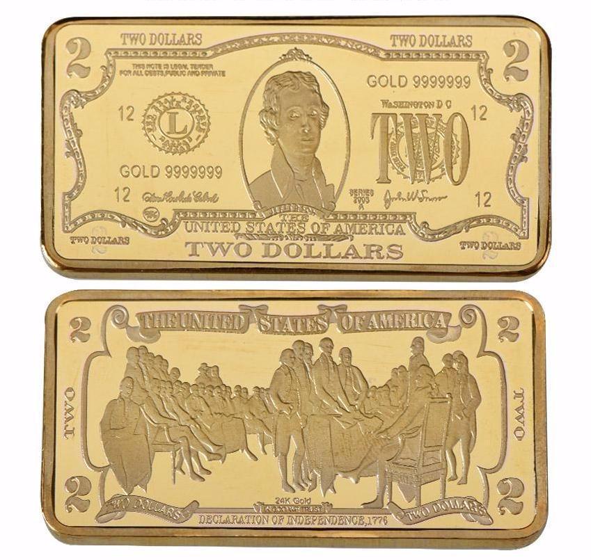 USA $2 24K Gold Clad Bar: Unites States of America 2 Dollars 24K Gold Clad Bar. Unique design. Non-currency bar. Size: 5cmx2.8cm. Weight ? 32 grams.