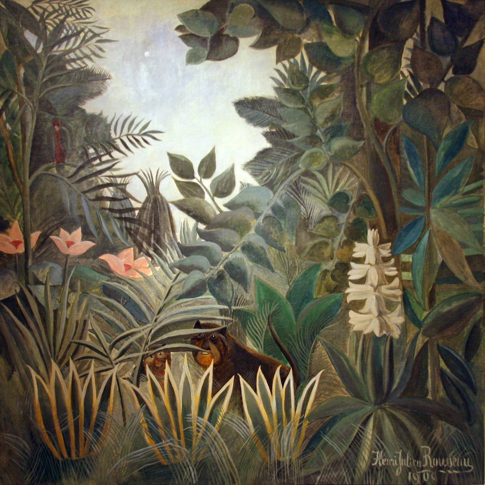 Animals In Nature Signed Henri Julien Rousseau: Henri Julien Rousseau (1844-1910), in the manner of: mixed media on paper, 12 x 12 inches, framed.