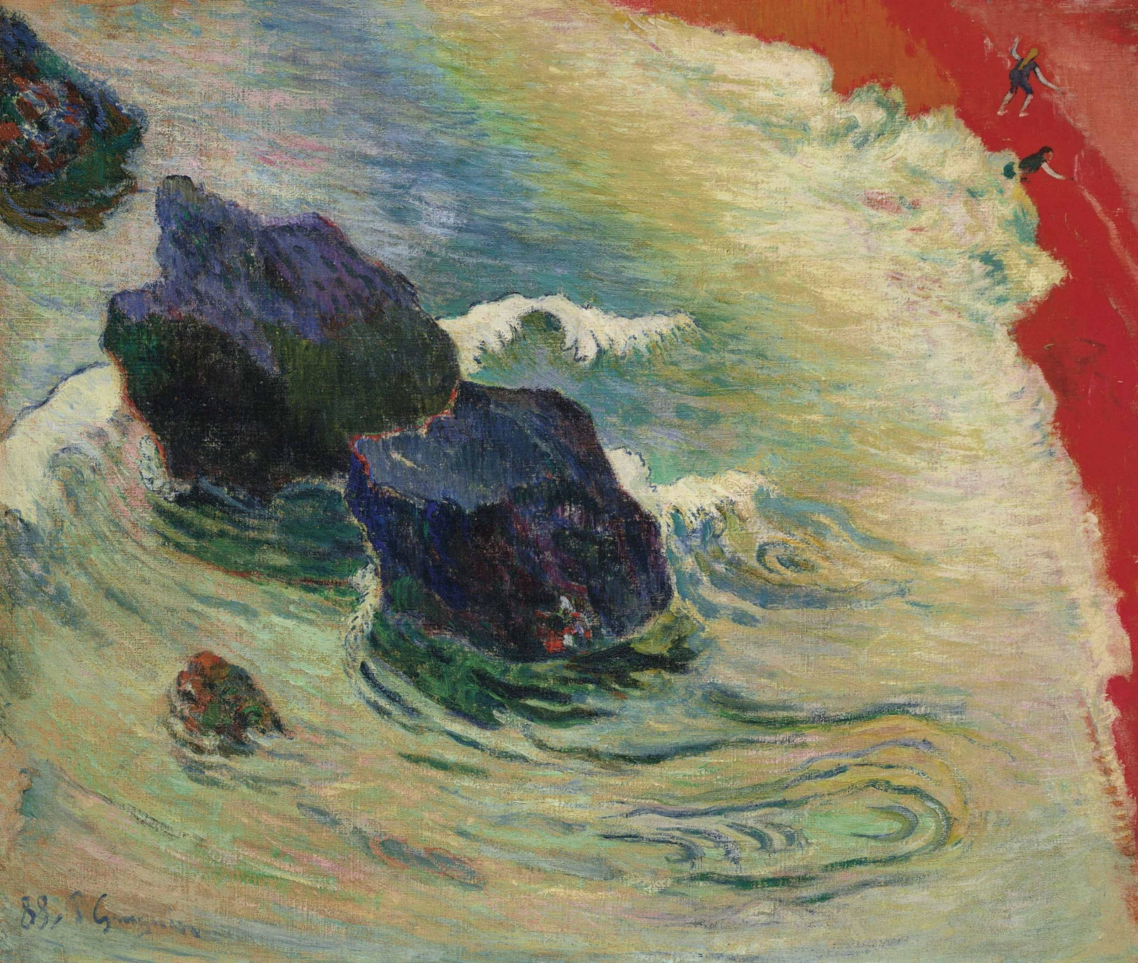 Red Beach Signed P Gauguin: Paul Gauguin (1848-1903), in the manner of: mixed media on paper, 11 x 13 inches, framed.