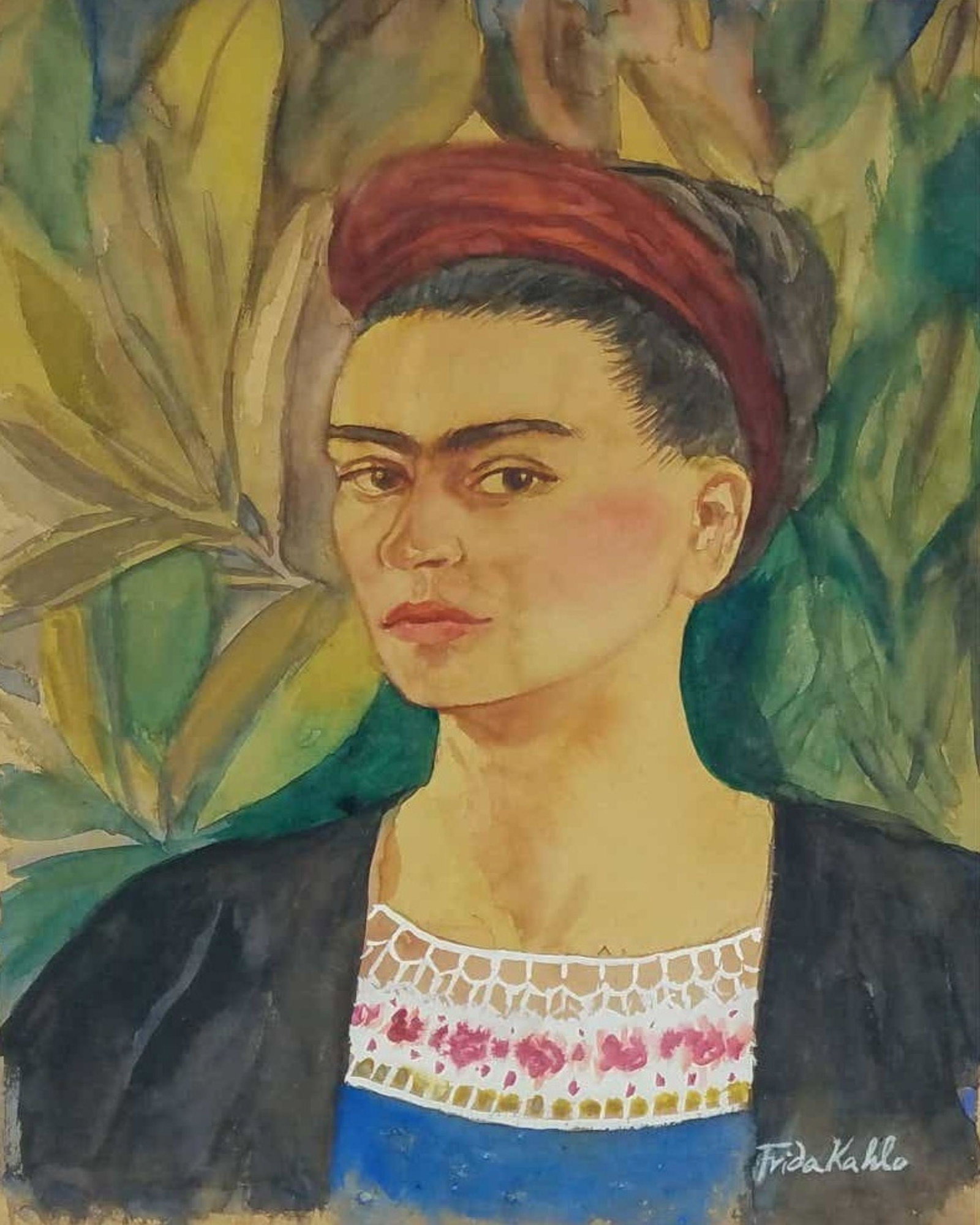 Self Portrait #3 Signed Frida Kahlo: Frida Kahlo (1907-1954), in the manner of: mixed media on paper, 10 x 8 inches, framed.