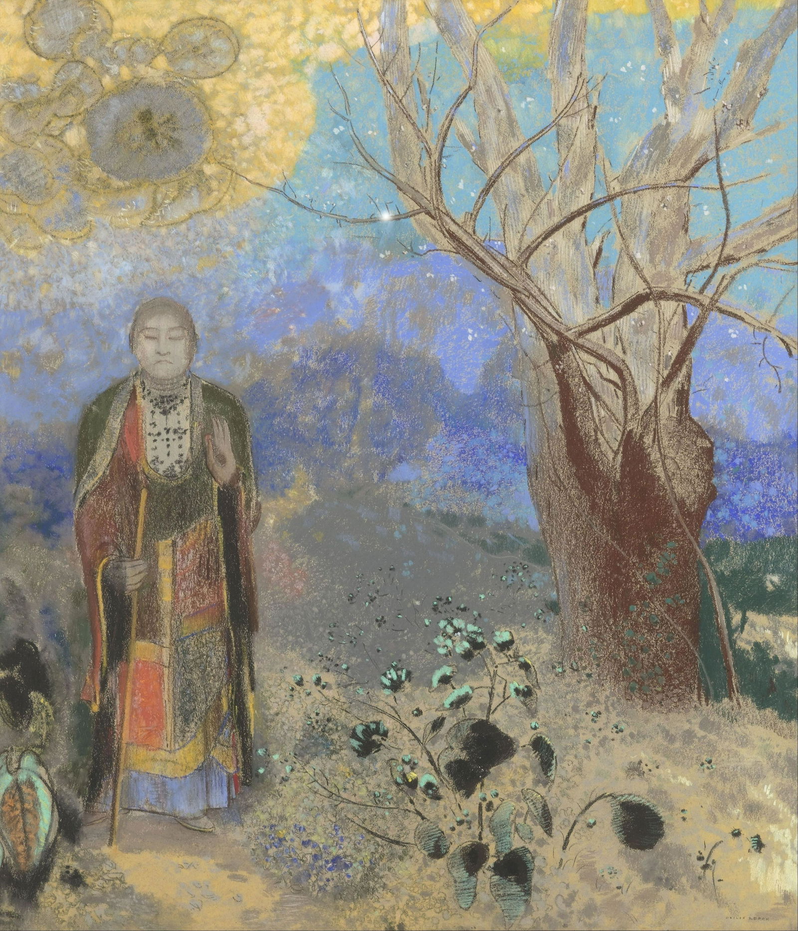 Buddhist Monk Signed Odilon Redon: Odilon Redon (1840-1916), in the manner of: mixed media on paper, 14 x 12 inches, framed.