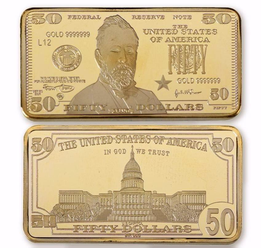 USA $50 24K Gold Clad Bar: Unites States of America 50 Dollars 24K Gold Clad Bar. Unique design. Non-currency bar. Size: 5cmx2.8cm. Weight ? 32 grams.