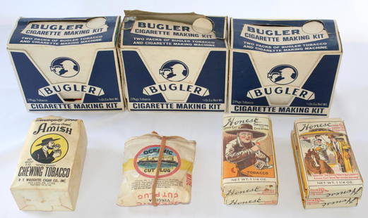 Bugler Cigarette Making Kit and Extra Chewing and: 3 boxes of Bugler Cigarette Making Kits. All 3 come with a top cigarette tobacco roller with instructions and 2 packs of cigarette papers, 2 Buggler tobacco packages, and only 2 of the 3 have the Bugl