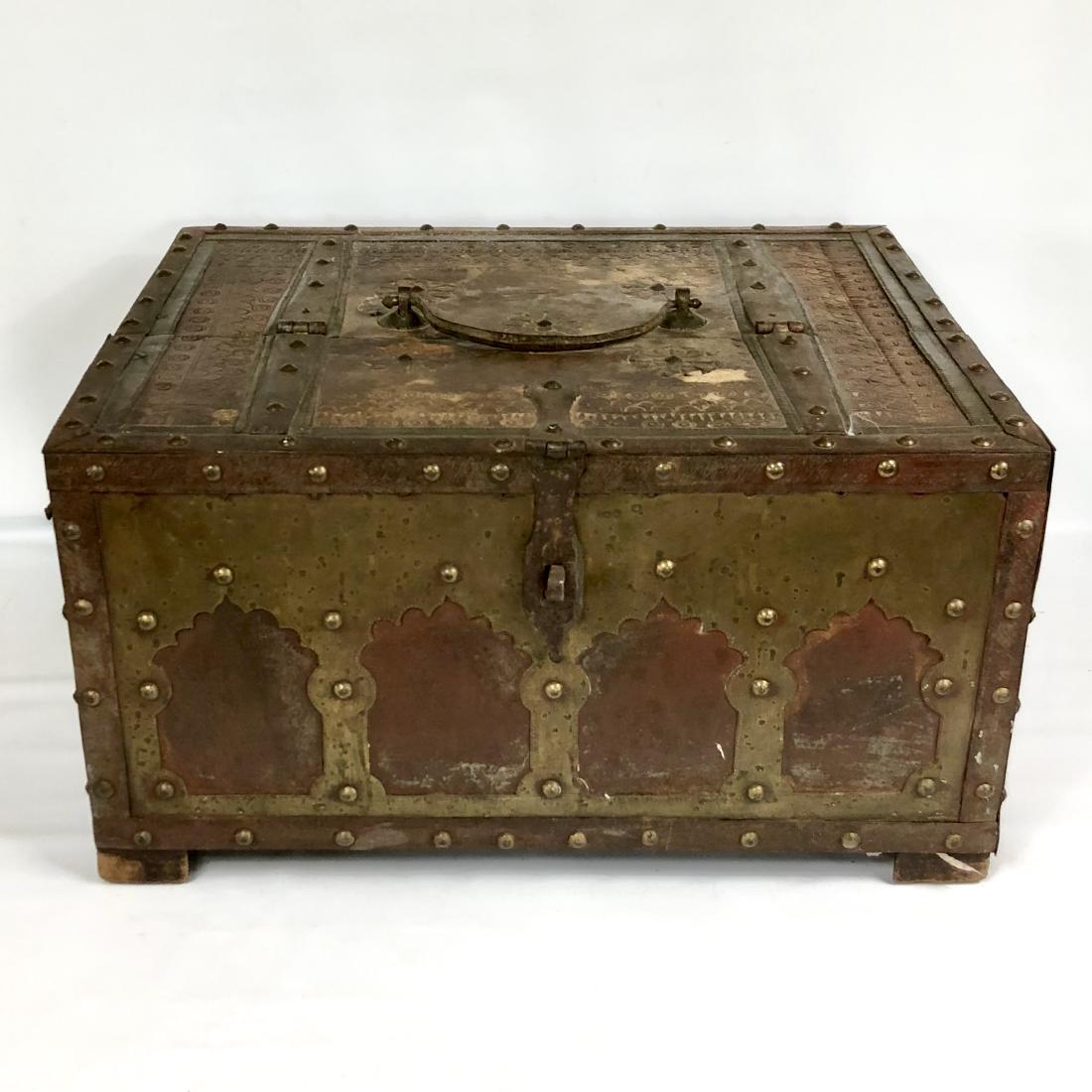 Vintage Metal, Copper, and Brass Carved Indian Chest: Vintage carved Indian chest in very good condition. Brass, copper and metal mounted and has a hand-carved design all around the chest. Measures 19â€w x 15.25â€h x 9.5â€d.