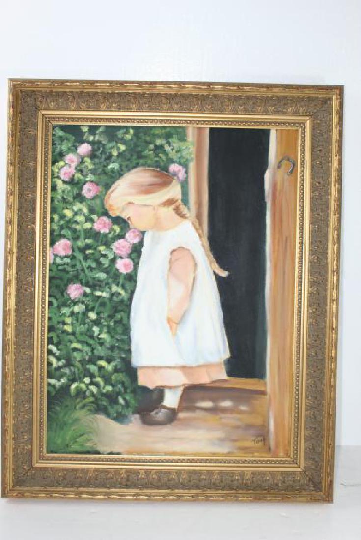 Girl Smelling Flowers Painting: Girl with blonde 0)smelling pink flowers in white & peach dress. by Teri Peluso. In a gold tone wood frame. 29 1/2â€™â€™ by 23 1/2â€™â€™