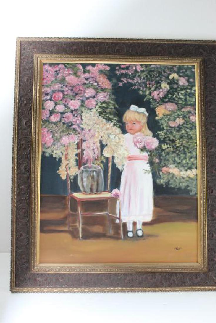 Little Girl (Pink Dress) Flowers Painting: Painting by Teri Peluso. This is a little girl in pink dress surrounded by pink flowers. In gold tone wood frame with unique pattern. It is 36â€™â€™ by 29â€