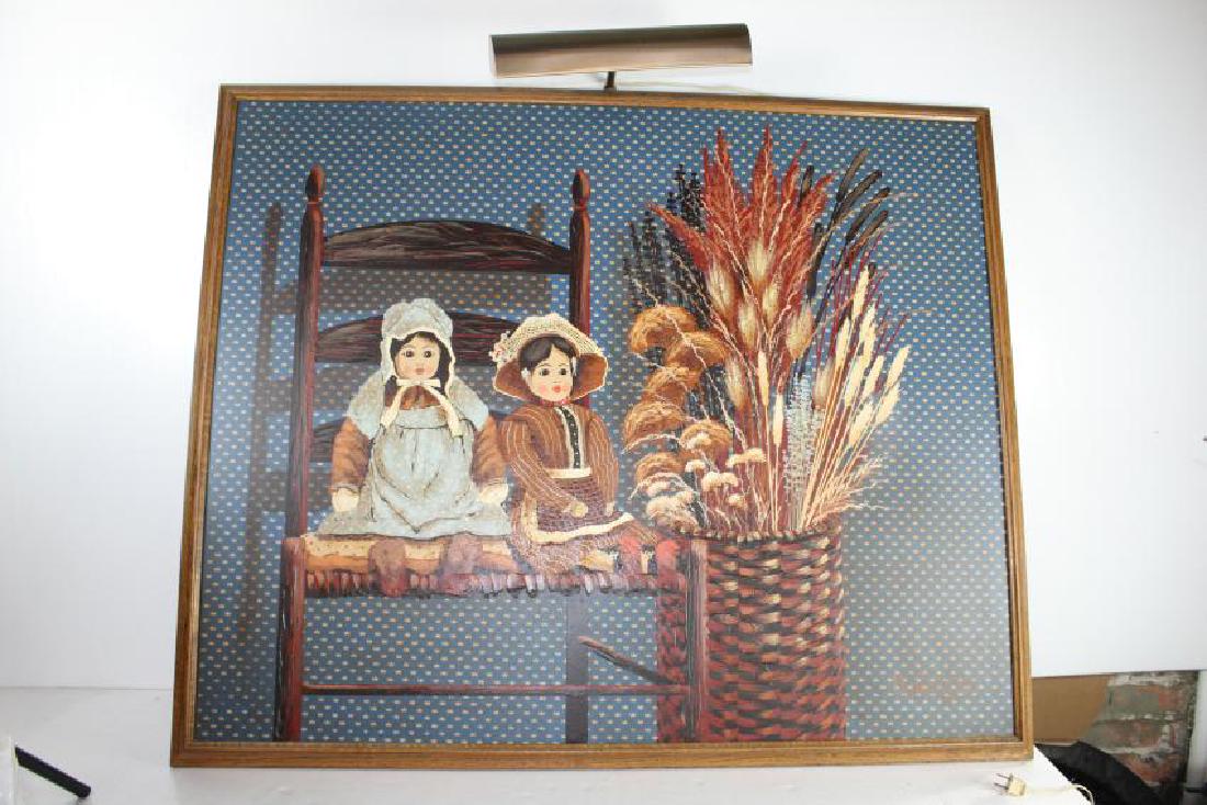Dolls w/ Wheat by Huntington: This is by Huntington, This painting is of two porcelain dolls sitting on on a wooden chair, one in a blue hooded dress with white polka dots. The other doll is in a brown hooded dress, with blue stri