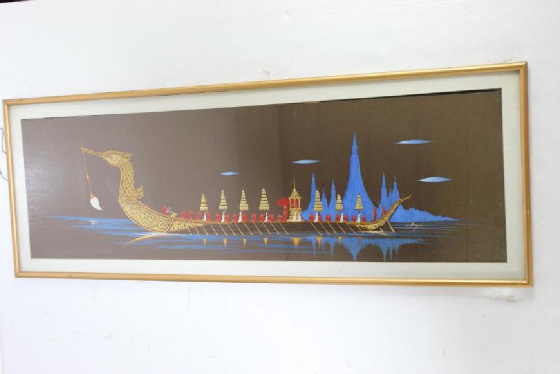 Hand painted Dragon Boat on River oil painting: This is a Dragon Boat on River oil painting, by an unknown artist. A gold accented dragon with red eyes and gold sails. They seem to be on the river at night because the trees are dark and as is the s