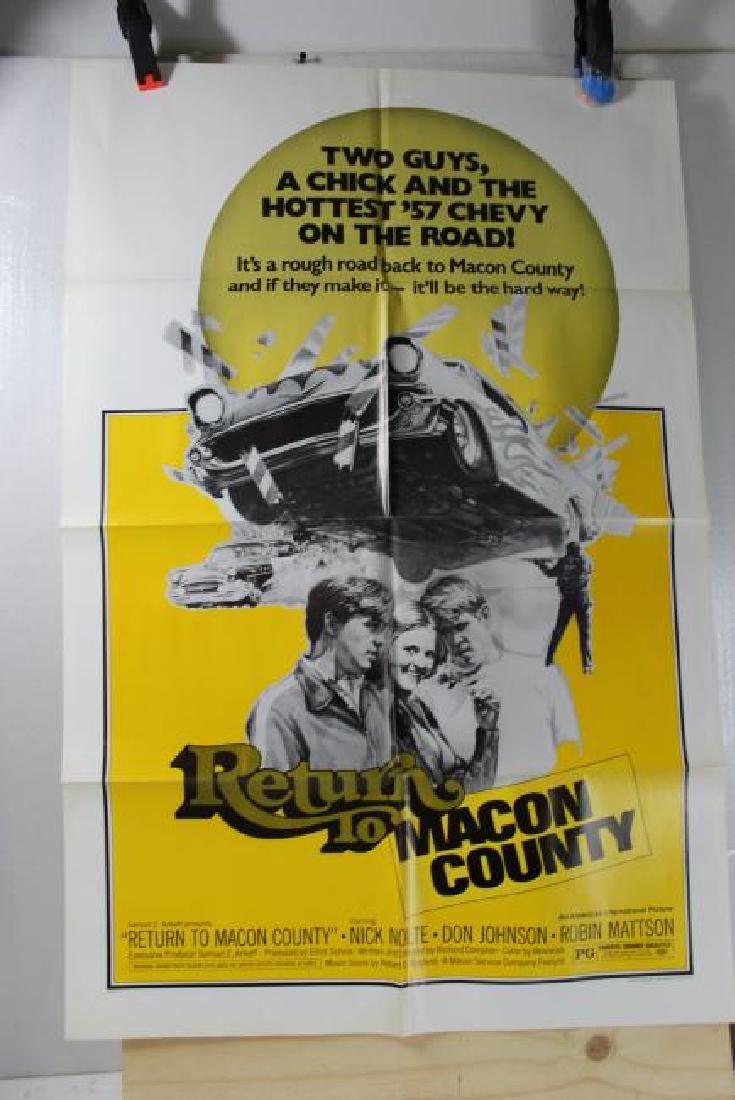 Return to Macon County (1975) American International: Original poster from the movie â€œReturn to Macon County” starring Nike Nolte, Don Johnson and Robin Mattson. The poster is yellow with black writing. There is a car flying in the