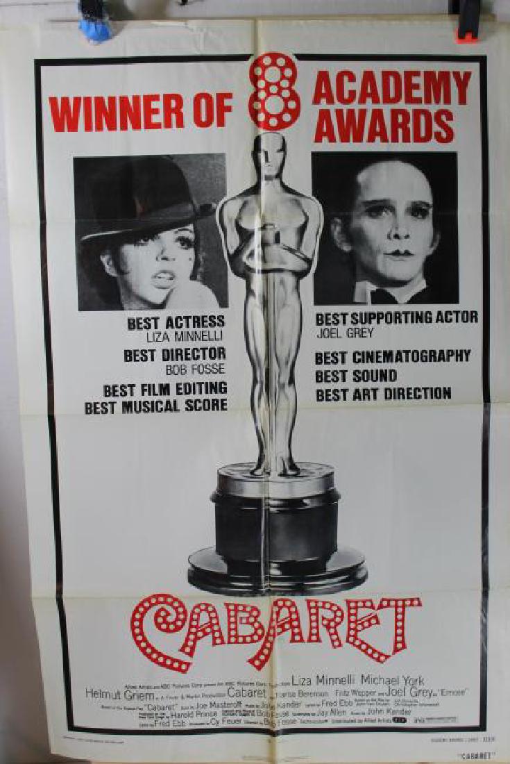 Cabaret (1973) Allen Artist Pictures Academy Award: Original poster from the 1973 film â€œCabaret” starring Liza Minnelli and Joel Gray. The poster is white with big red writing and smaller black writing. There is a golden globe tr