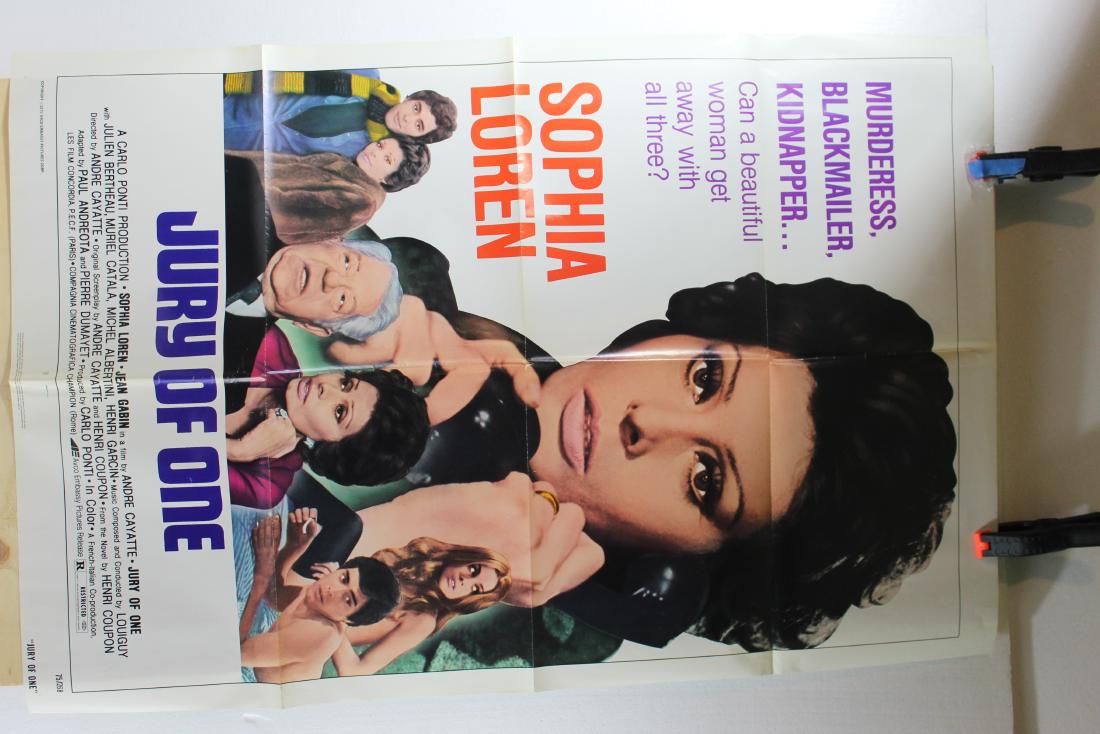 Jury of One (1975) AVCO Embassy Pictures Corp 75/268: Original poster from the 1975 film â€œJury of One” starring Sophia Loren and Jean Gabin. Poster is white with a large photo of Sophia Loren on the phone with blue writing. *All po