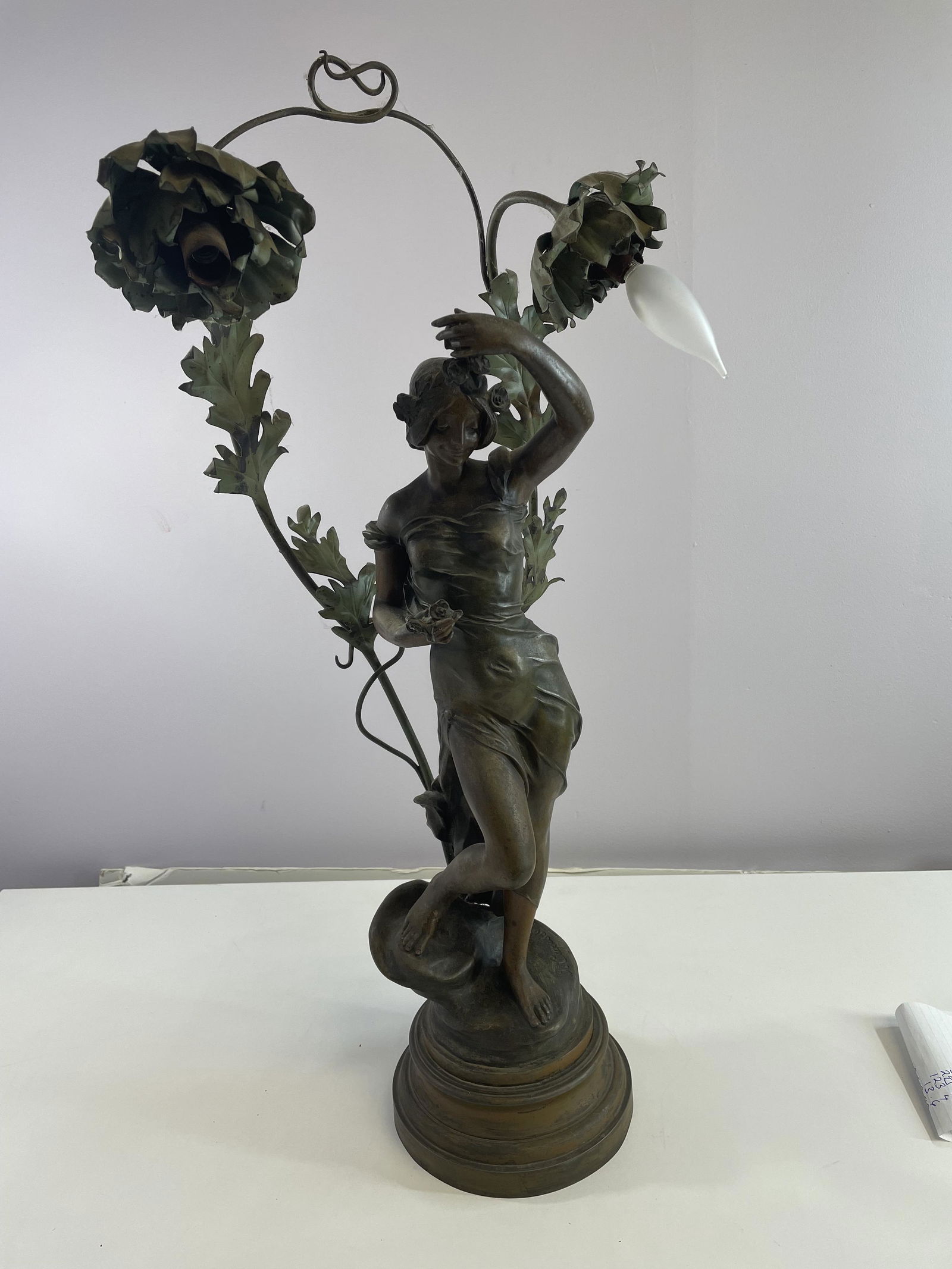 1900 La Rosee by J. Causse - Brass Lady Figurine Table: This beautiful lamp is signed by J.Causse. This piece is approximately 24" tall and is in good condition and is made of White Metal we believe her work goes for big bucks This lamp does need rewiring,