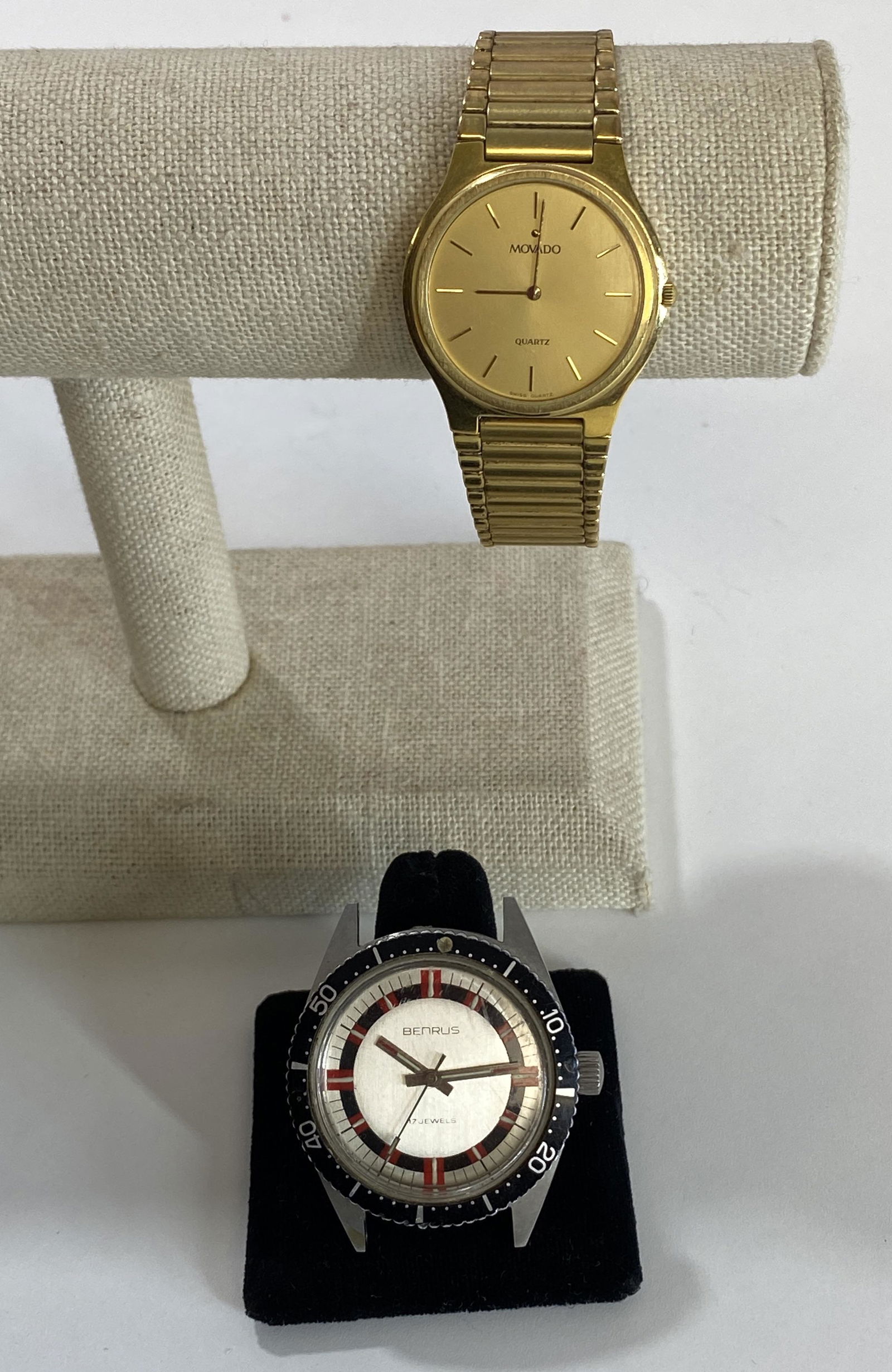 Movado Gold Plated Watch And Stainless Steel Benrus 17: Movado Gold Plated Watch 87-41-865, v64 117204 its in good condition, measures 7” and the watch face measures approximately 1 3/4 inches x 1 & a Stainless Steel Benrus 17 Jewels Watch Face (No B