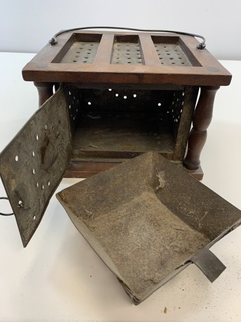 1800s Coal Bed Warmer wood & pie tins: Coal Bed Warmer, With Wooden Frame and a Pietin Design tin for its sides from the late 1800s; Measures Approximately 8.5” x 8 x 5 4/8”